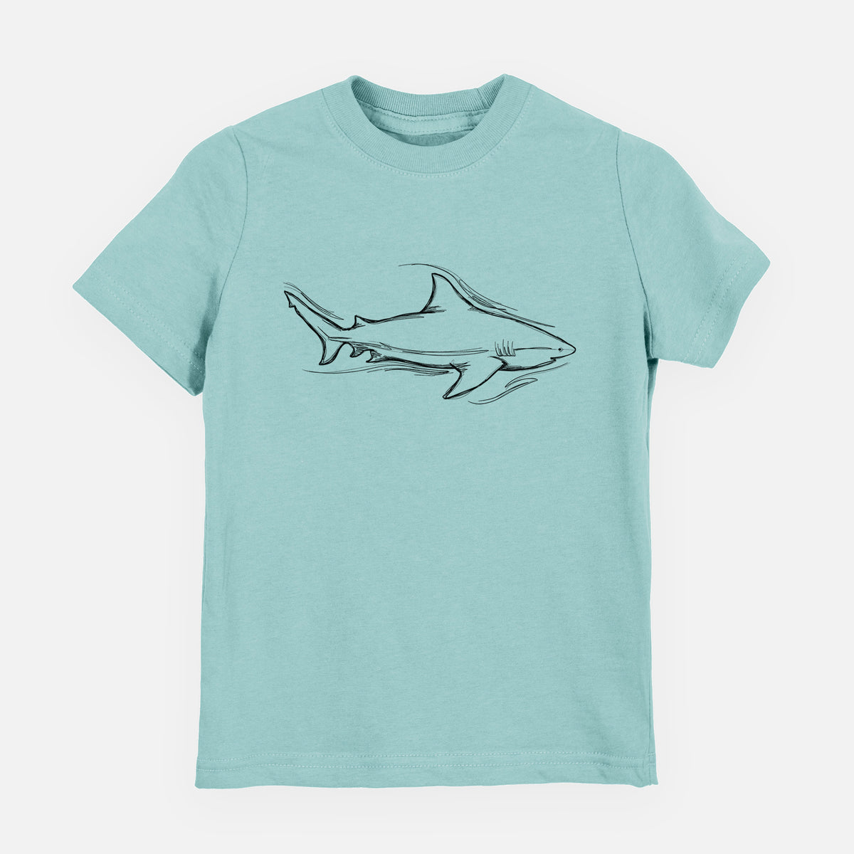 Saltwater youth t-shirt laid flat, printed with a black ink illustration of a bull shark swimming.