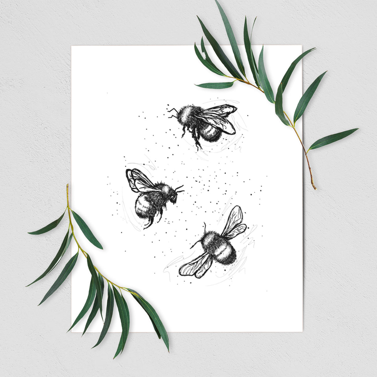 Art print of a black ink illustration of three bumble bees flying, shown with eucalyptus leaves.