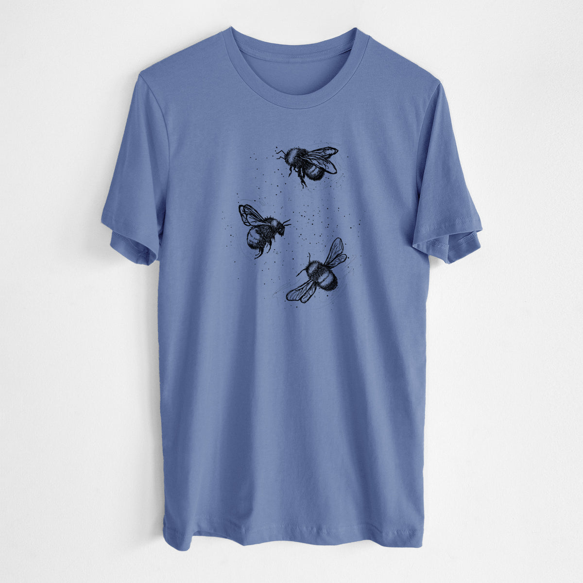 Blue bell lightweight cotton t-shirt laid flat, printed with a black ink illustration of three bumble bees flying.