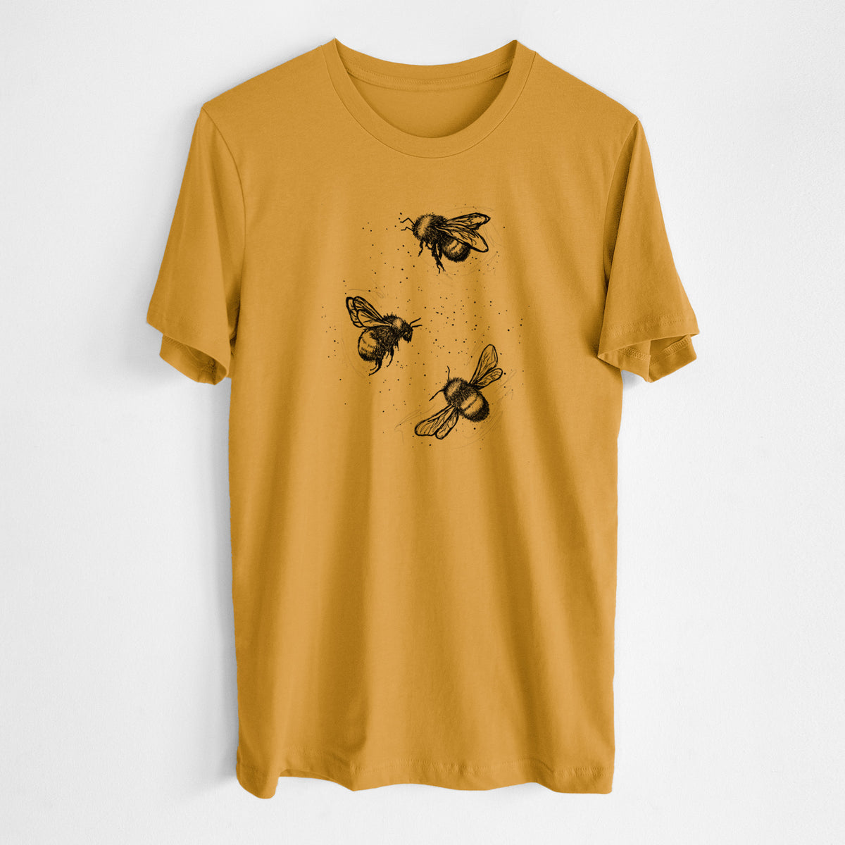 Honeycomb yellow lightweight cotton t-shirt laid flat, printed with a black ink illustration of three bumble bees flying.