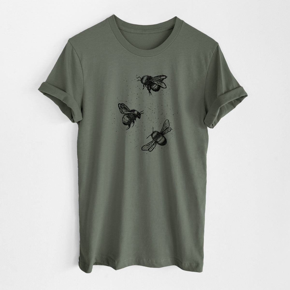 Military green lightweight cotton t-shirt laid flat, printed with a black ink illustration of three bumble bees flying.