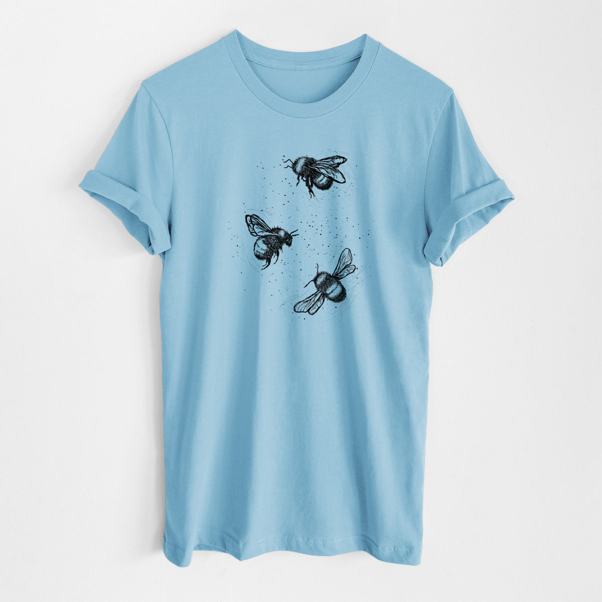 Ocean blue lightweight cotton t-shirt laid flat, printed with a black ink illustration of three bumble bees flying.