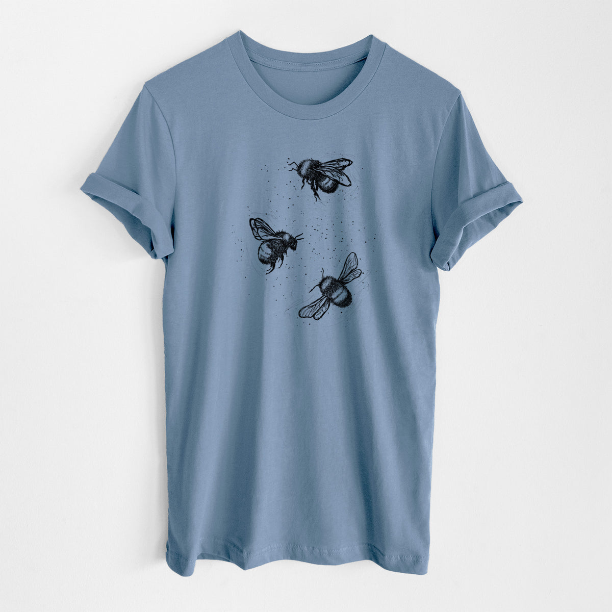 Steel blue lightweight cotton t-shirt laid flat, printed with a black ink illustration of three bumble bees flying.