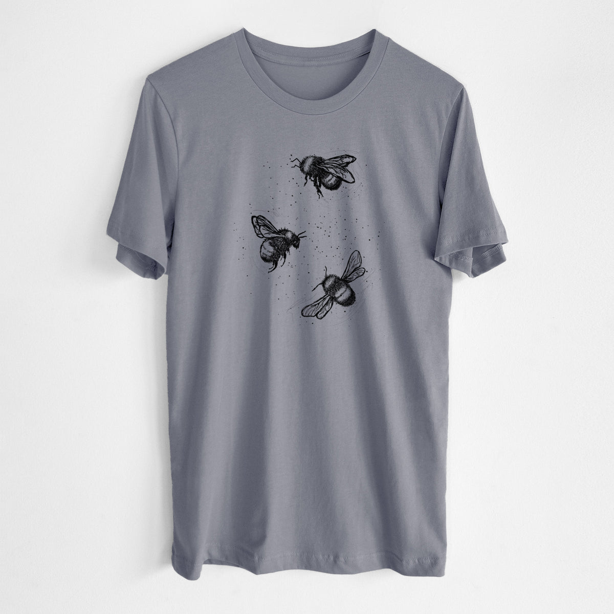 Storm grey lightweight cotton t-shirt laid flat, printed with a black ink illustration of three bumble bees flying.
