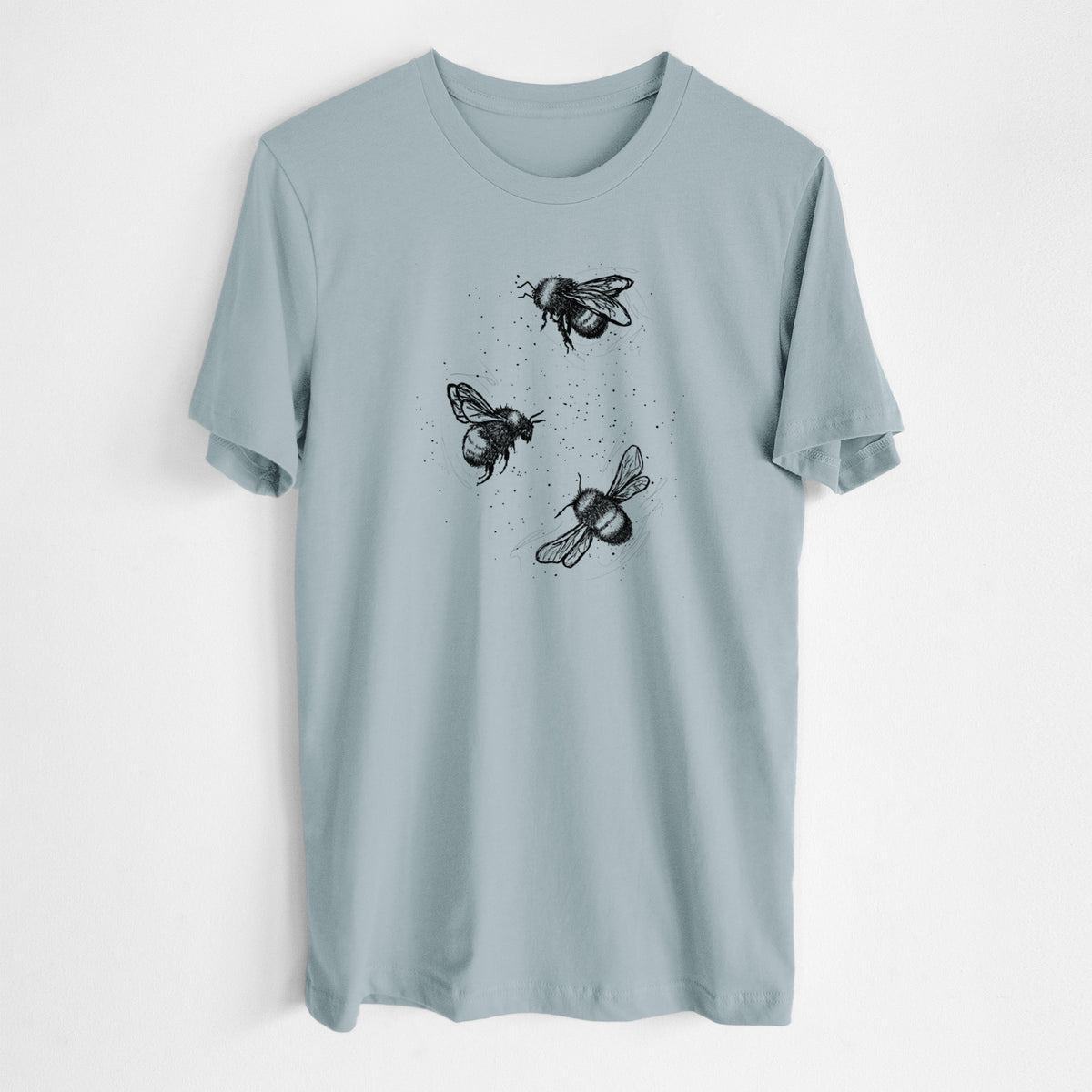 Vintage denim lightweight cotton t-shirt laid flat, printed with a black ink illustration of three bumble bees flying.
