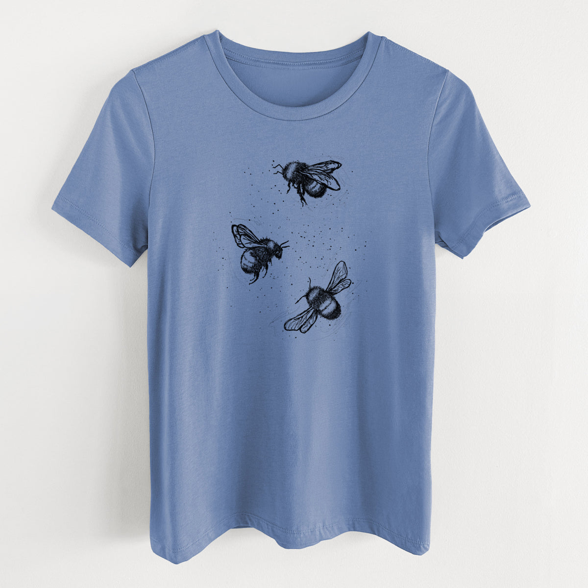 Blue bell women's relaxed fit cotton t-shirt laid flat, printed with a black ink illustration of three bumble bees flying.