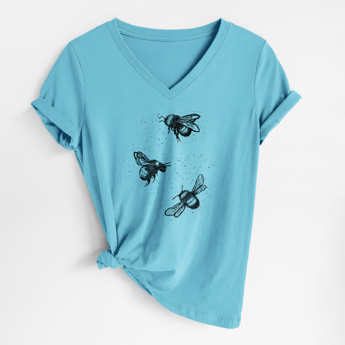 Turquoise women's relaxed fit cotton V-neck t-shirt laid flat, printed with a black ink illustration of three bumble bees flying.