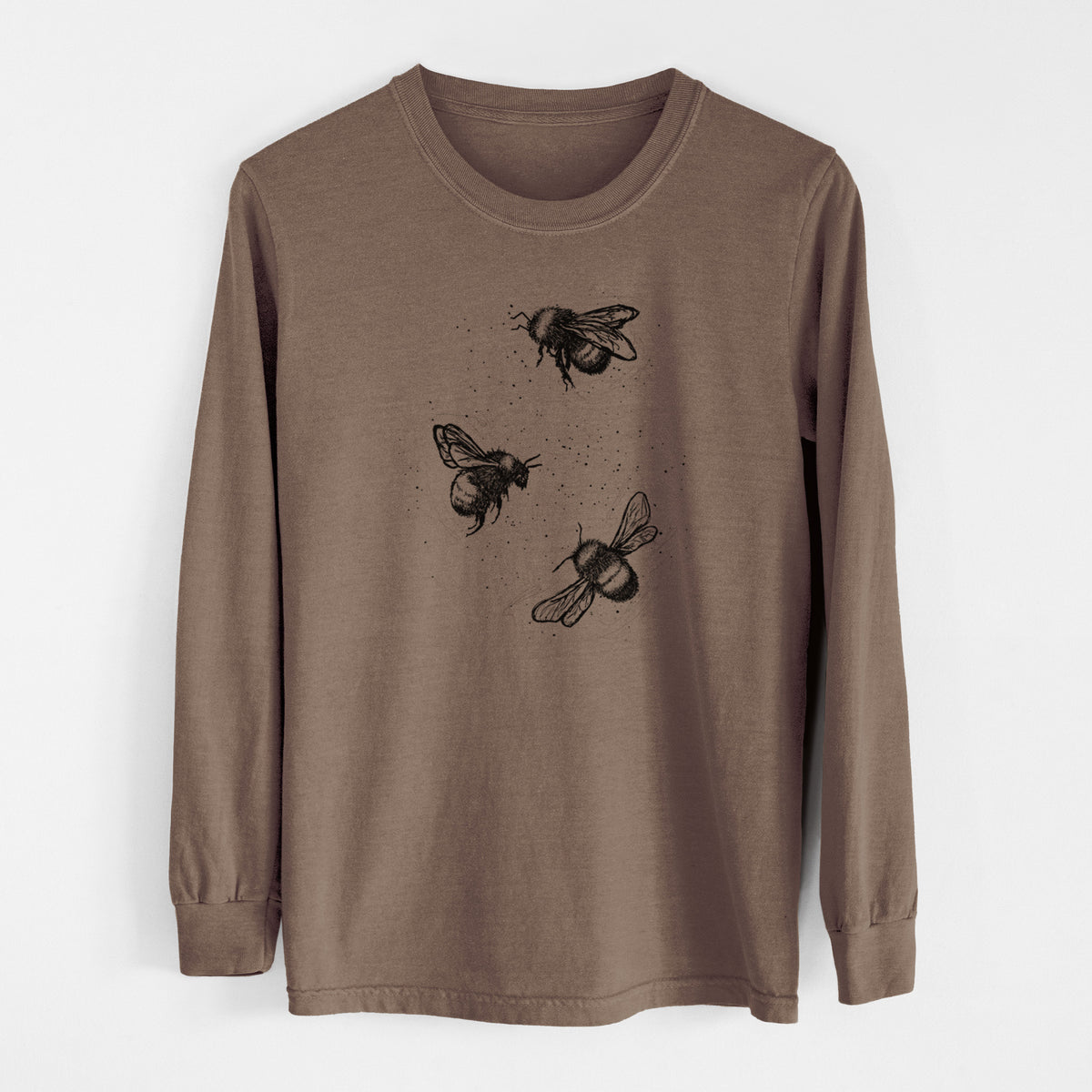 Espresso brown Comfort Colors long sleeve shirt laid flat, printed with a black ink illustration of three bumble bees flying.