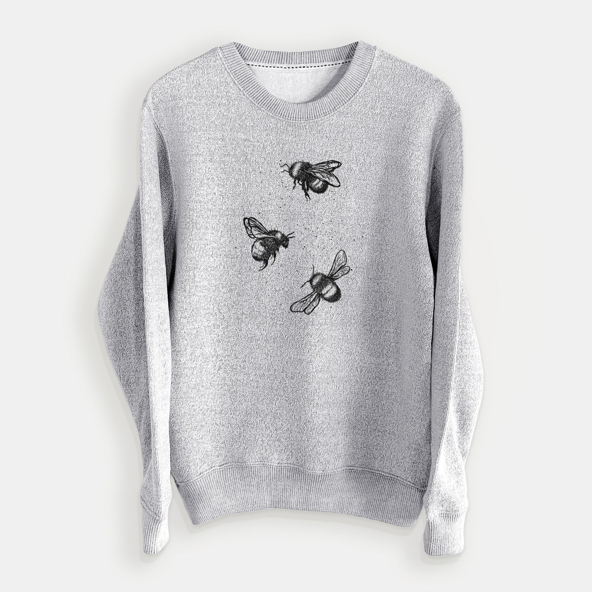 Salt and pepper knit sweatshirt laid flat, printed with a black ink illustration of three bumble bees flying.