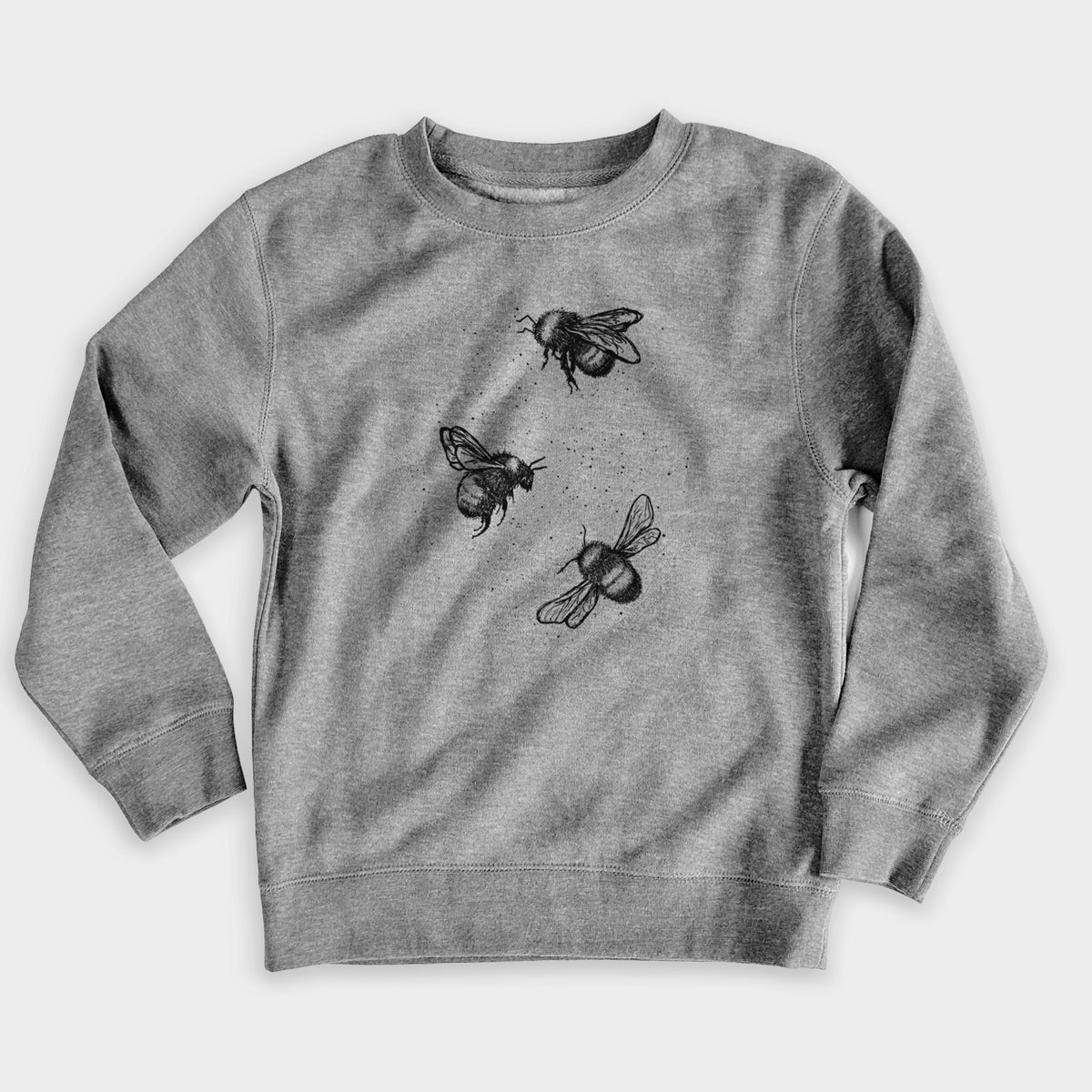 Nickel grey youth crewneck sweatshirt laid flat, printed with a black ink illustration of three bumble bees flying.