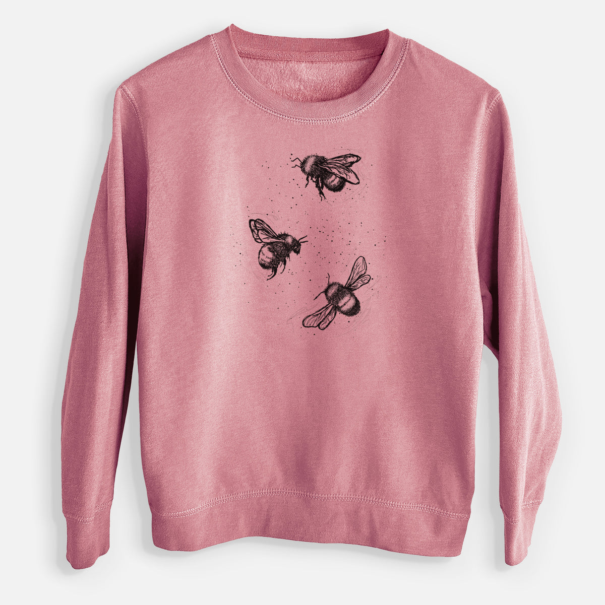 Mauve pink youth crewneck sweatshirt laid flat, printed with a black ink illustration of three bumble bees flying.