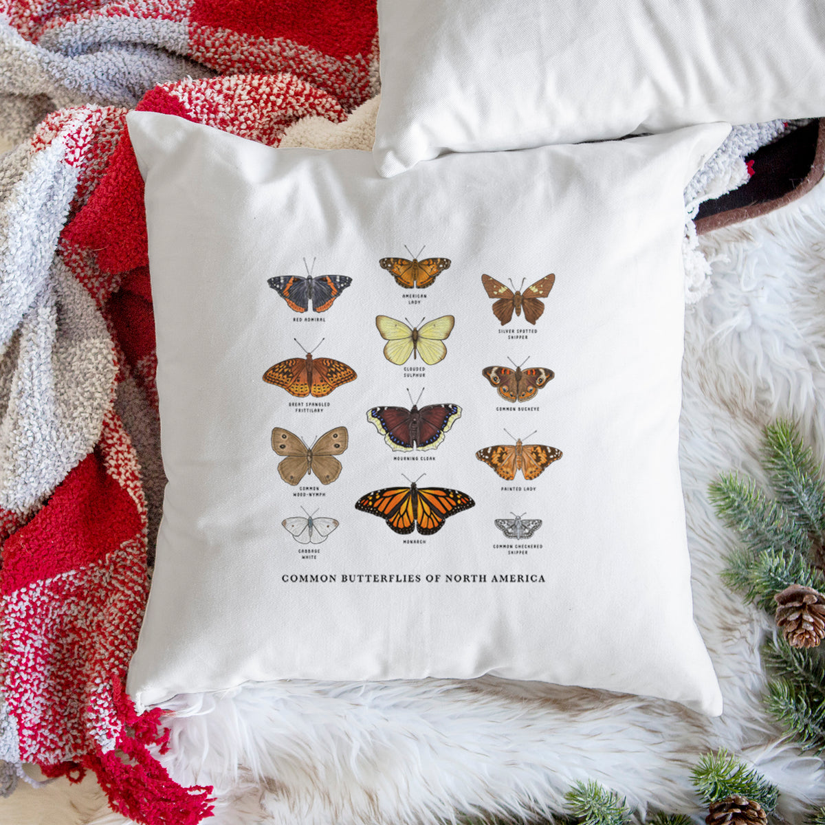 White pillow cover printed with a full-color chart of common butterflies of North America, each labeled with its species, on a woven chair.