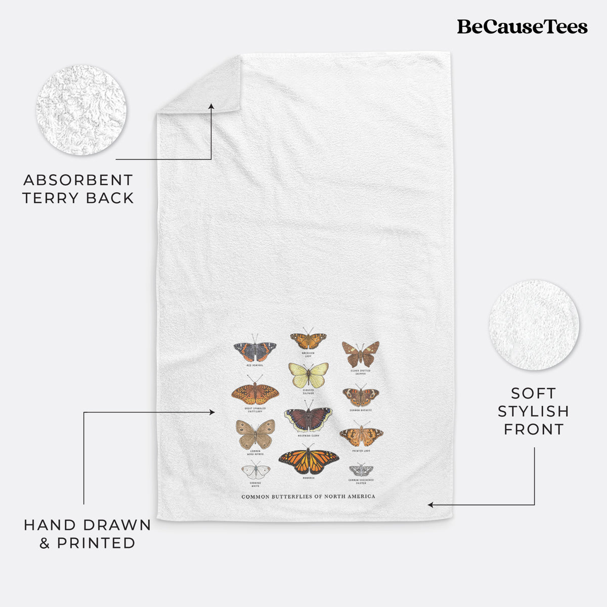 White hand towel printed with a full-color chart of common butterflies of North America, each labeled with its species.