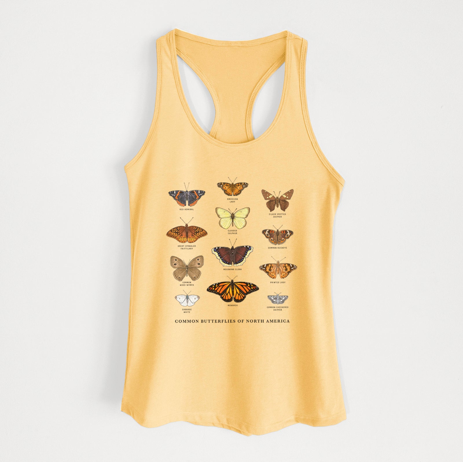Banana cream women's racerback tank top laid flat, printed with a full-color chart of common butterflies of North America, each labeled with its species.