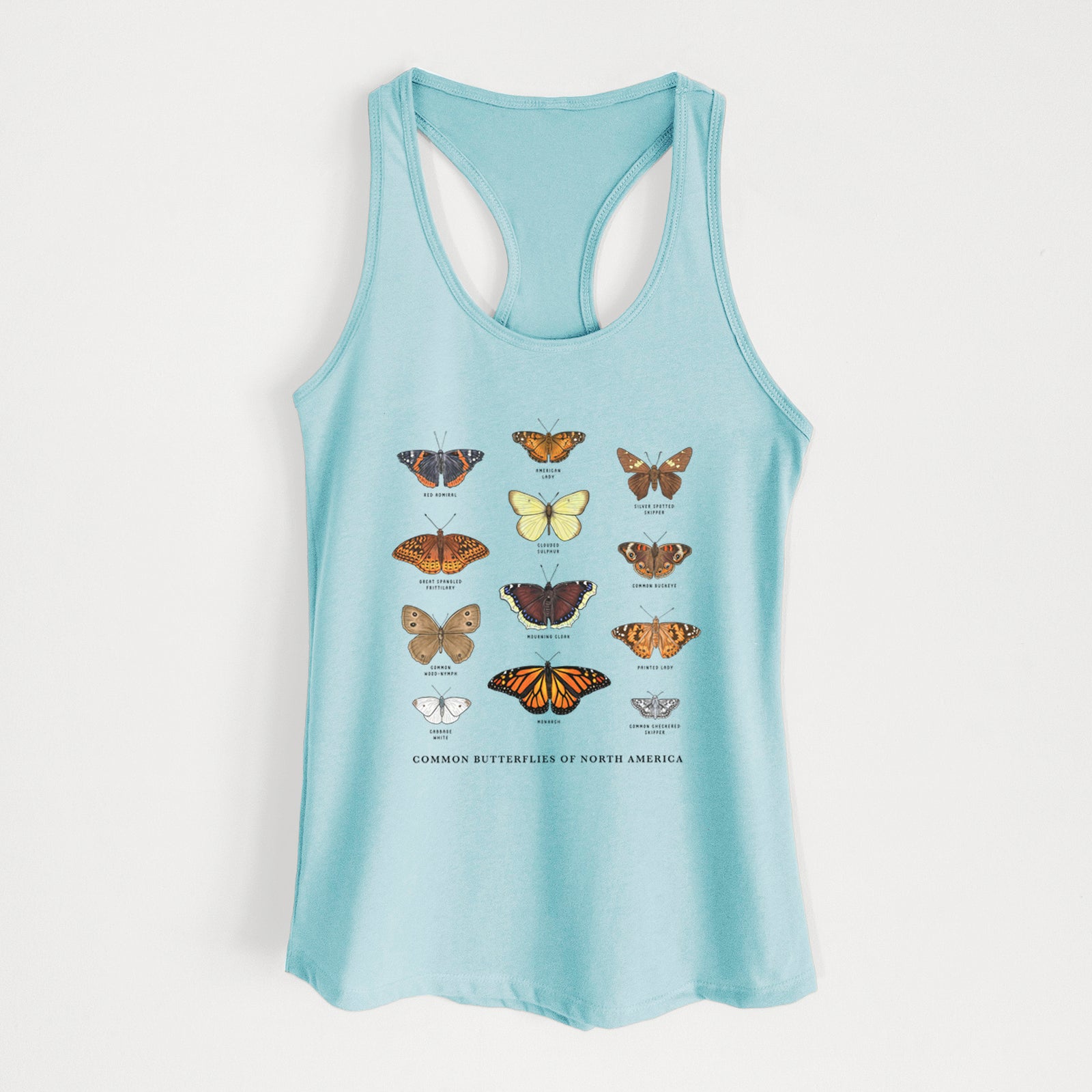 Banana cream women's racerback tank top laid flat, printed with a full-color chart of common butterflies of North America, each labeled with its species.