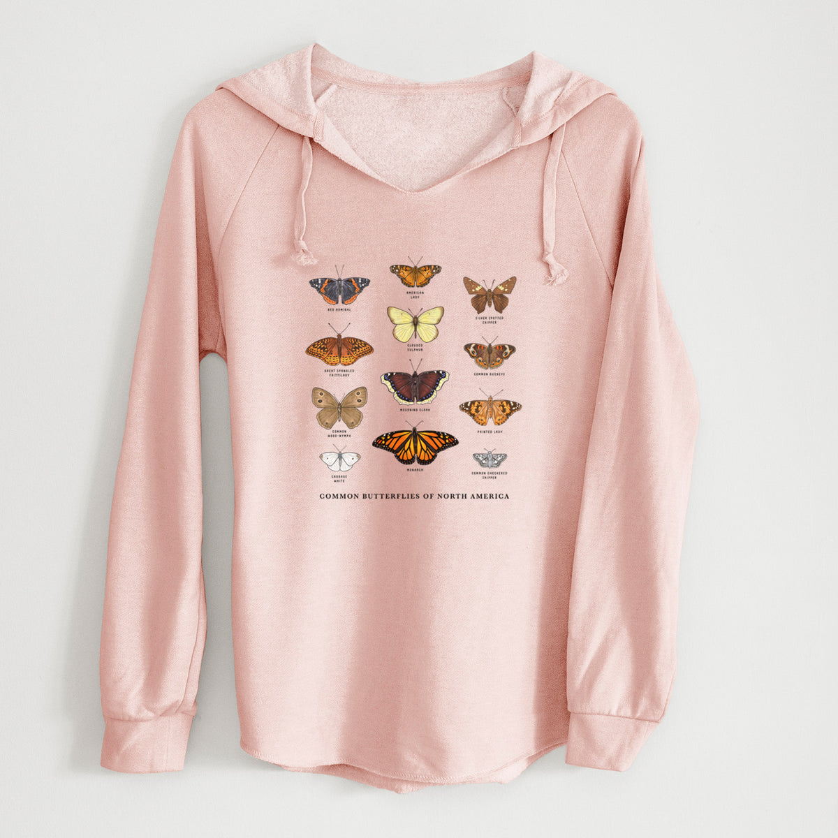 Blush pink women's Cali Wave hooded sweatshirt laid flat, printed with a full-color chart of common butterflies of North America, each labeled with its species.
