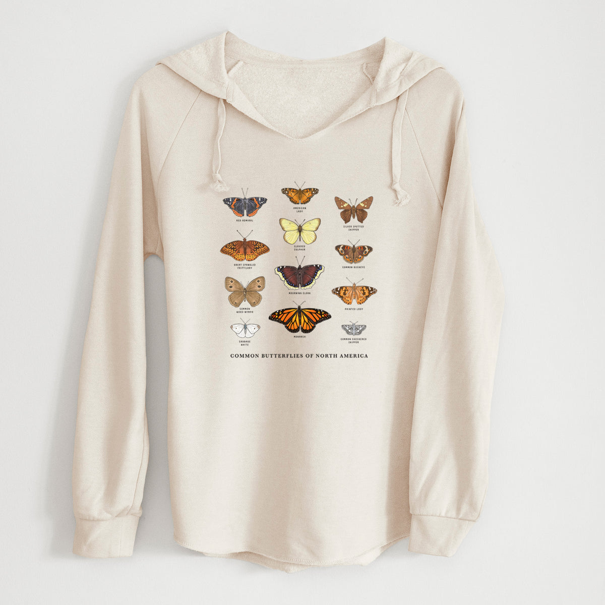 Bone cream women's Cali Wave hooded sweatshirt laid flat, printed with a full-color chart of common butterflies of North America, each labeled with its species.