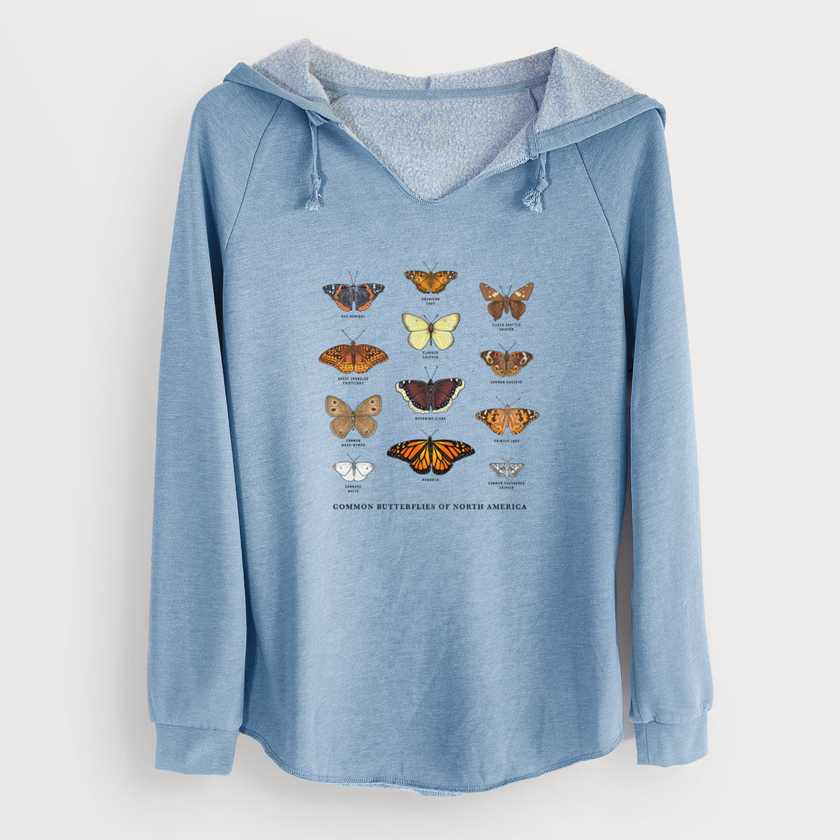 Misty blue women's Cali Wave hooded sweatshirt laid flat, printed with a full-color chart of common butterflies of North America, each labeled with its species.