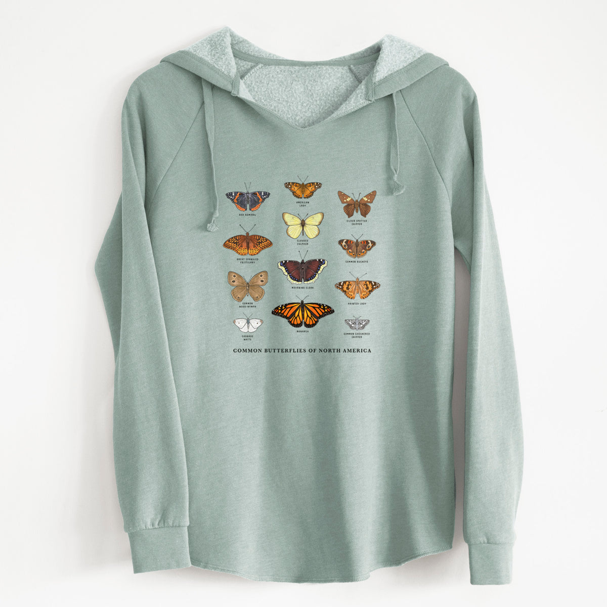 Sage green women's Cali Wave hooded sweatshirt laid flat, printed with a full-color chart of common butterflies of North America, each labeled with its species.