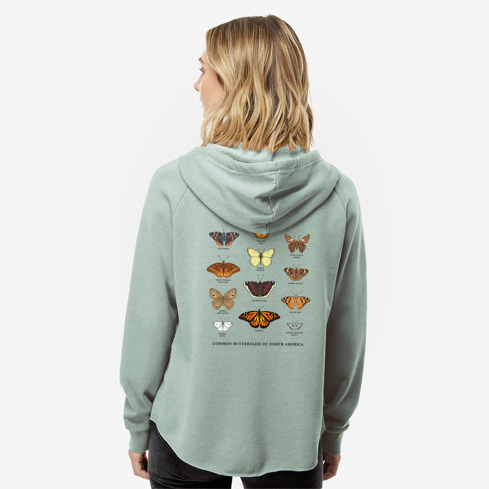 Women's Cali Wave zip-up sweatshirt printed with a full-color chart of common butterflies of North America, each labeled with its species, with a close-up of the zipper.