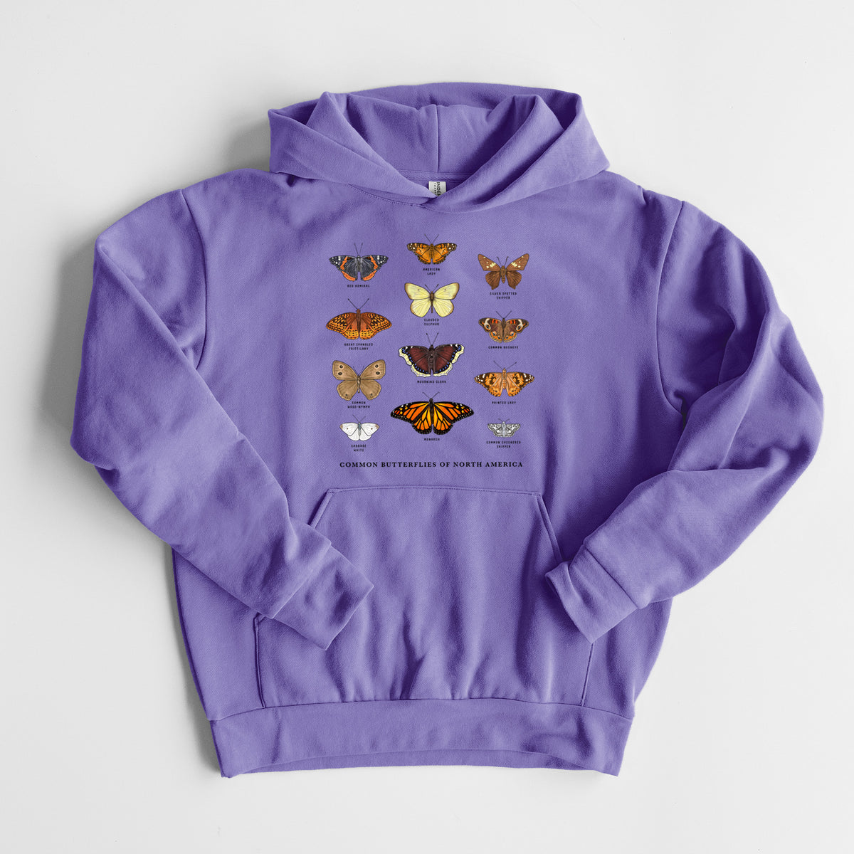 Common Butterflies of North America - Statement Midweight Hoodie in Violet, laid flat, showing the oversized boxy fit and front kangaroo pocket.