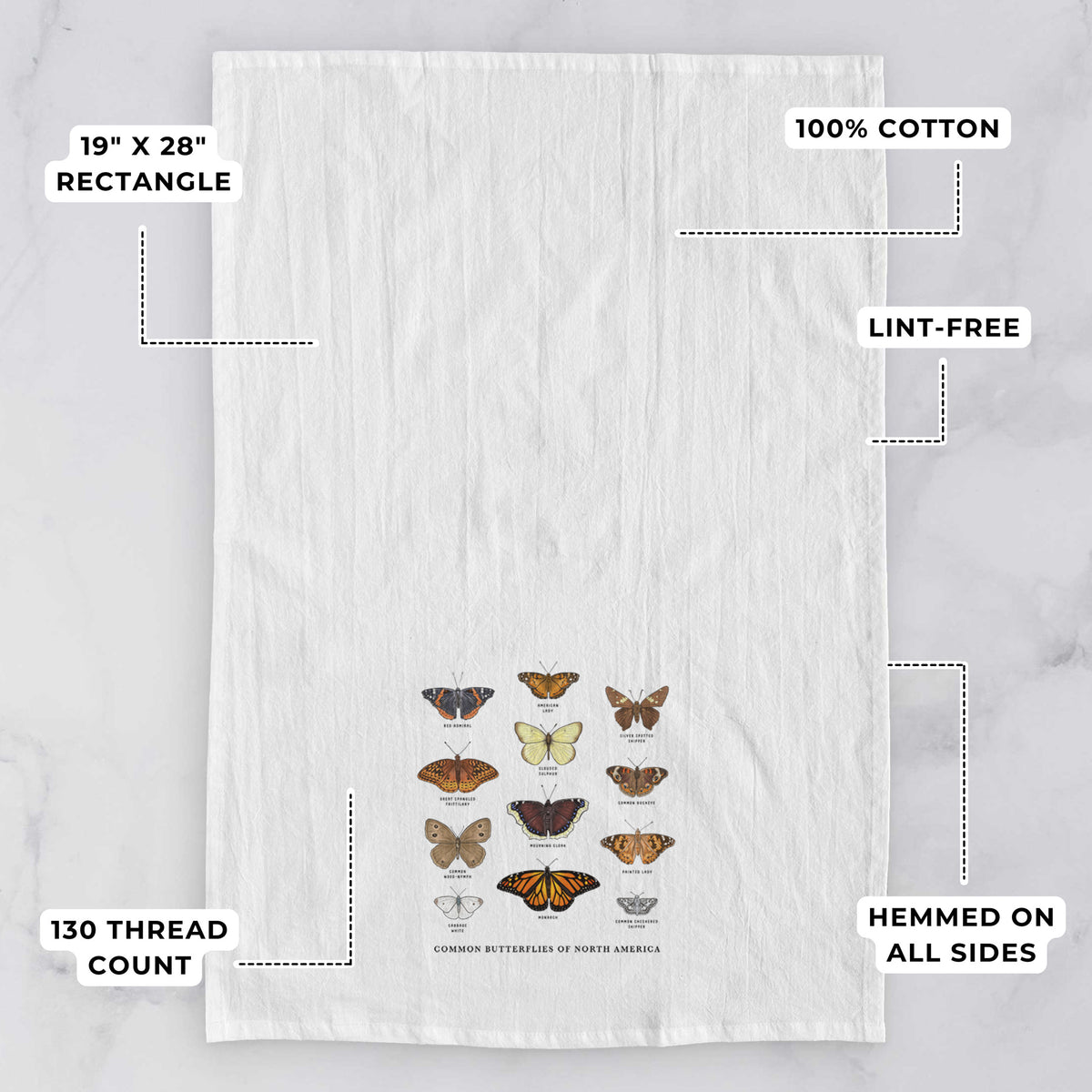 White tea towel printed with a full-color chart of common butterflies of North America, each labeled with its species, with feature labels: 19 by 28 inch rectangle, 100% cotton, lint-free, 130 thread count, hemmed on all sides.