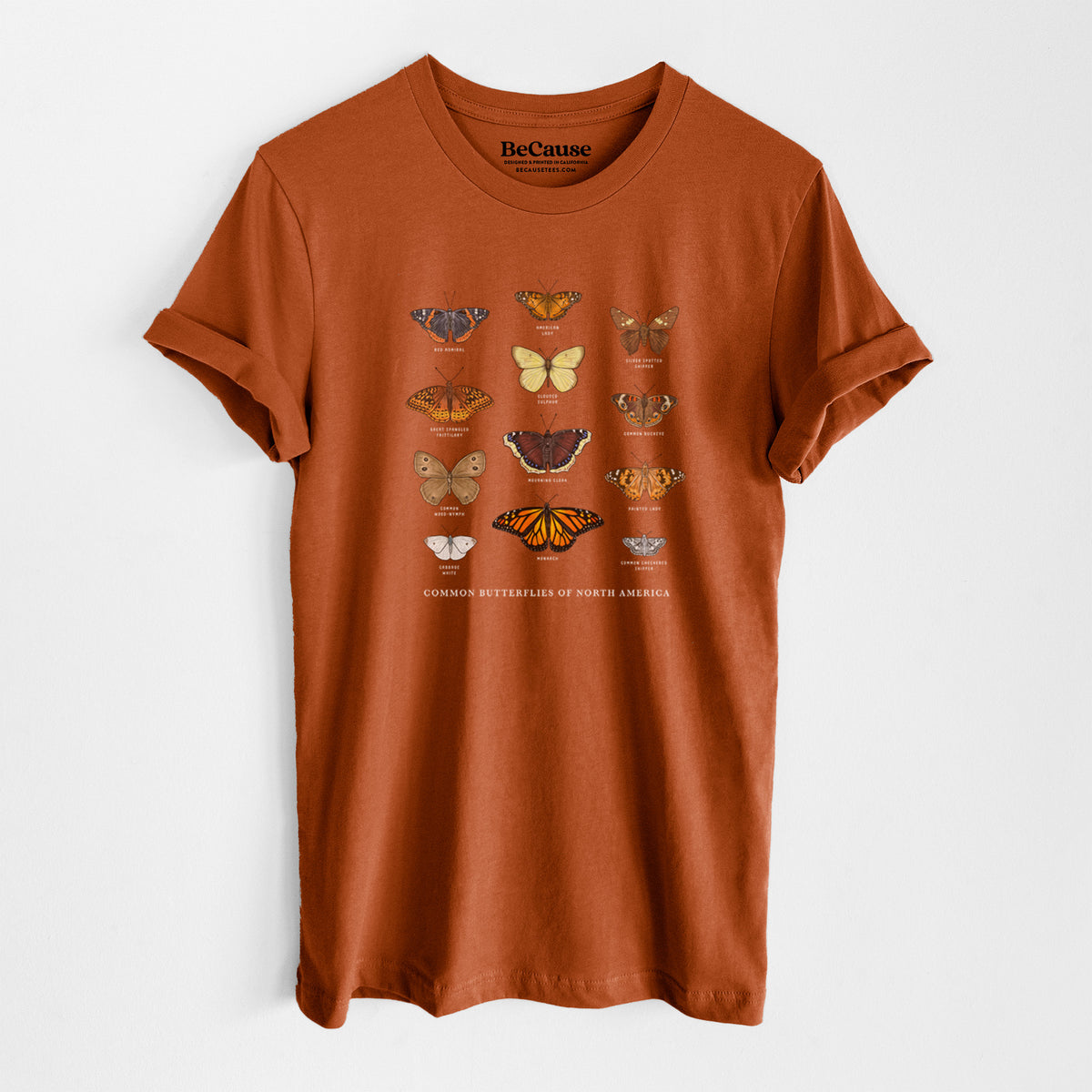 Autumn lightweight cotton t-shirt laid flat, printed with a full-color chart of common butterflies of North America, each labeled with its species.