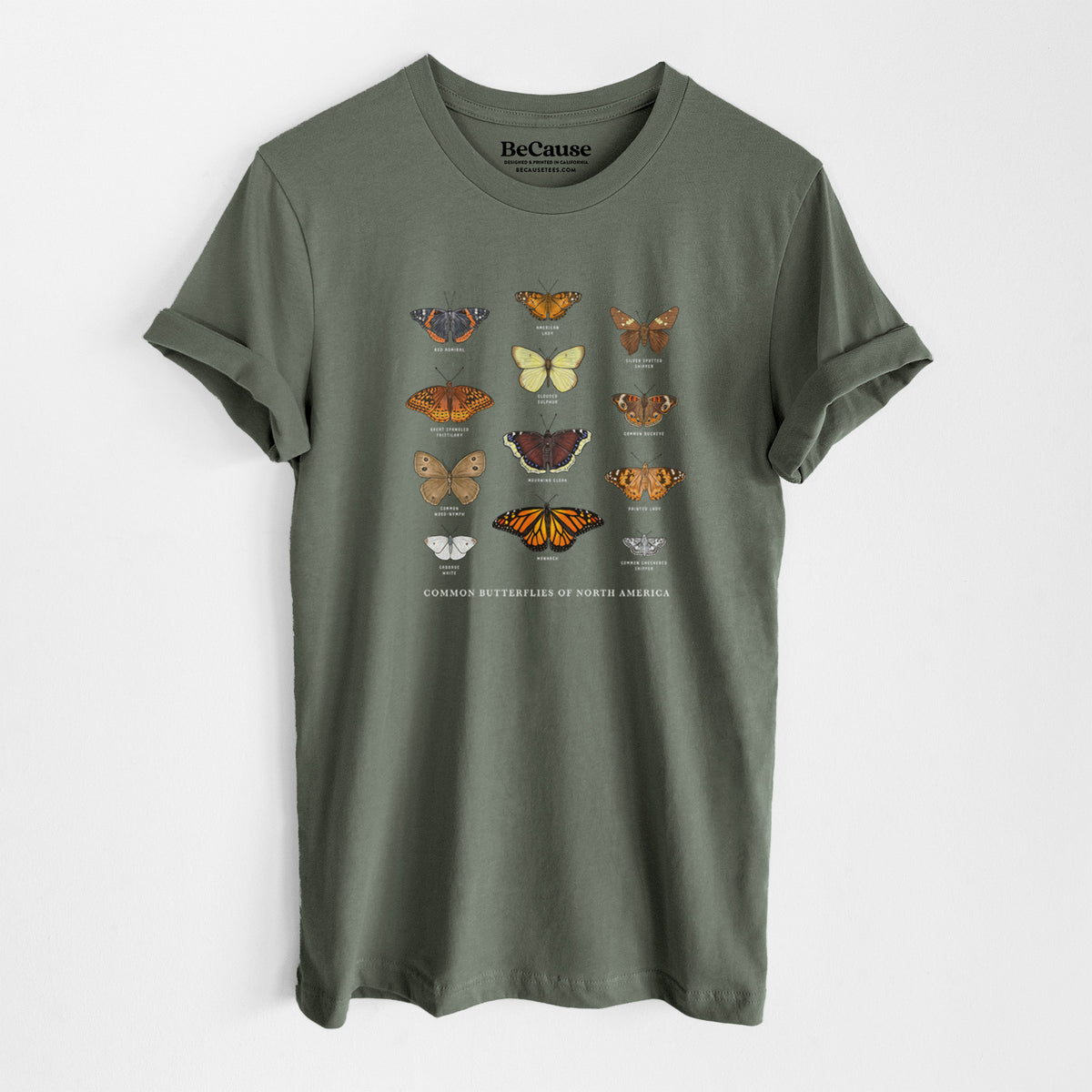 Military green lightweight cotton t-shirt laid flat, printed with a full-color chart of common butterflies of North America, each labeled with its species.