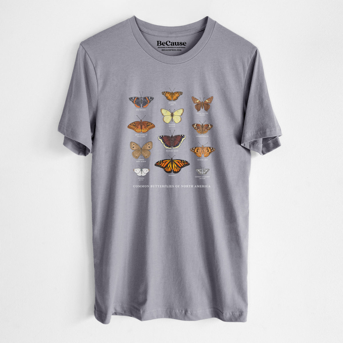 Storm grey lightweight cotton t-shirt laid flat, printed with a full-color chart of common butterflies of North America, each labeled with its species.