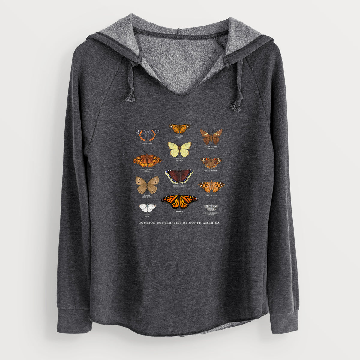 Charcoal grey women's Cali Wave hooded sweatshirt laid flat, printed with a full-color chart of common butterflies of North America, each labeled with its species.