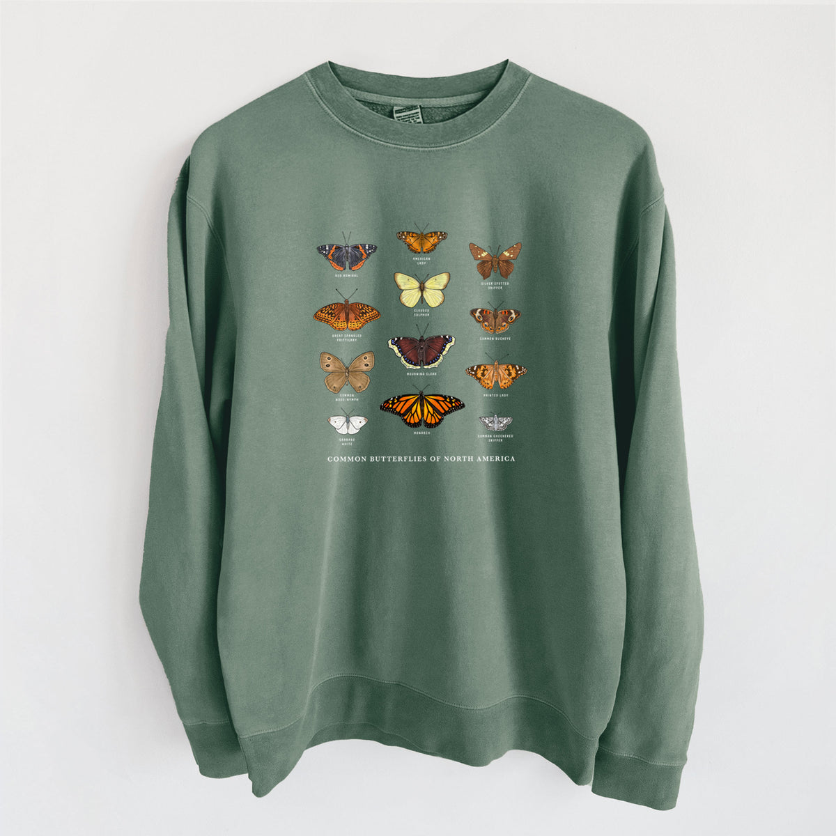 Common Butterflies of North America - Unisex Pigment Dyed Crew Sweatshirt in Alpine Green