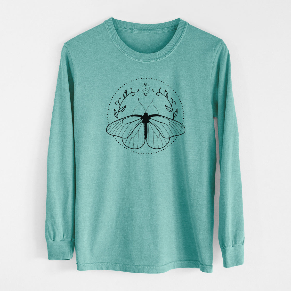 Reef green Comfort Colors long sleeve shirt laid flat, printed with a black ink butterfly inside a circle, framed by moon phases and leaves.