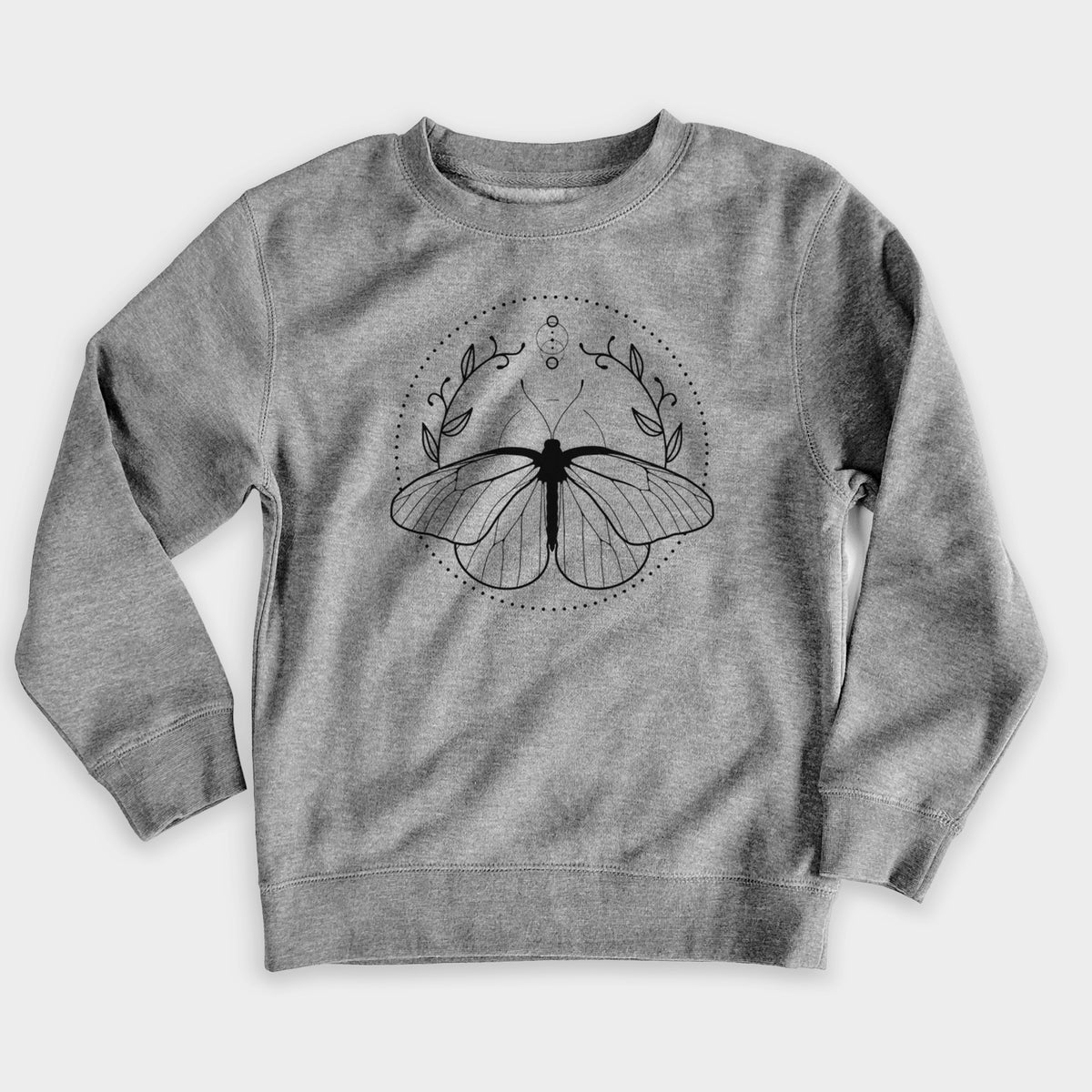 Nickel grey youth crewneck sweatshirt laid flat, printed with a black ink butterfly inside a circle, framed by moon phases and leaves.