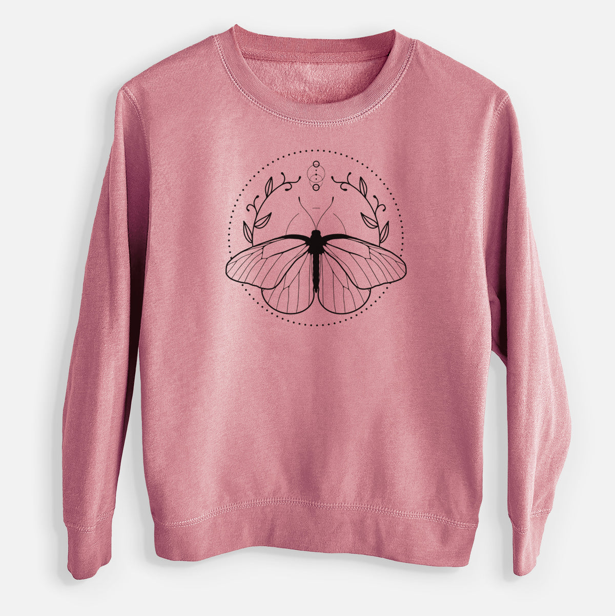 Mauve pink youth crewneck sweatshirt laid flat, printed with a black ink butterfly inside a circle, framed by moon phases and leaves.