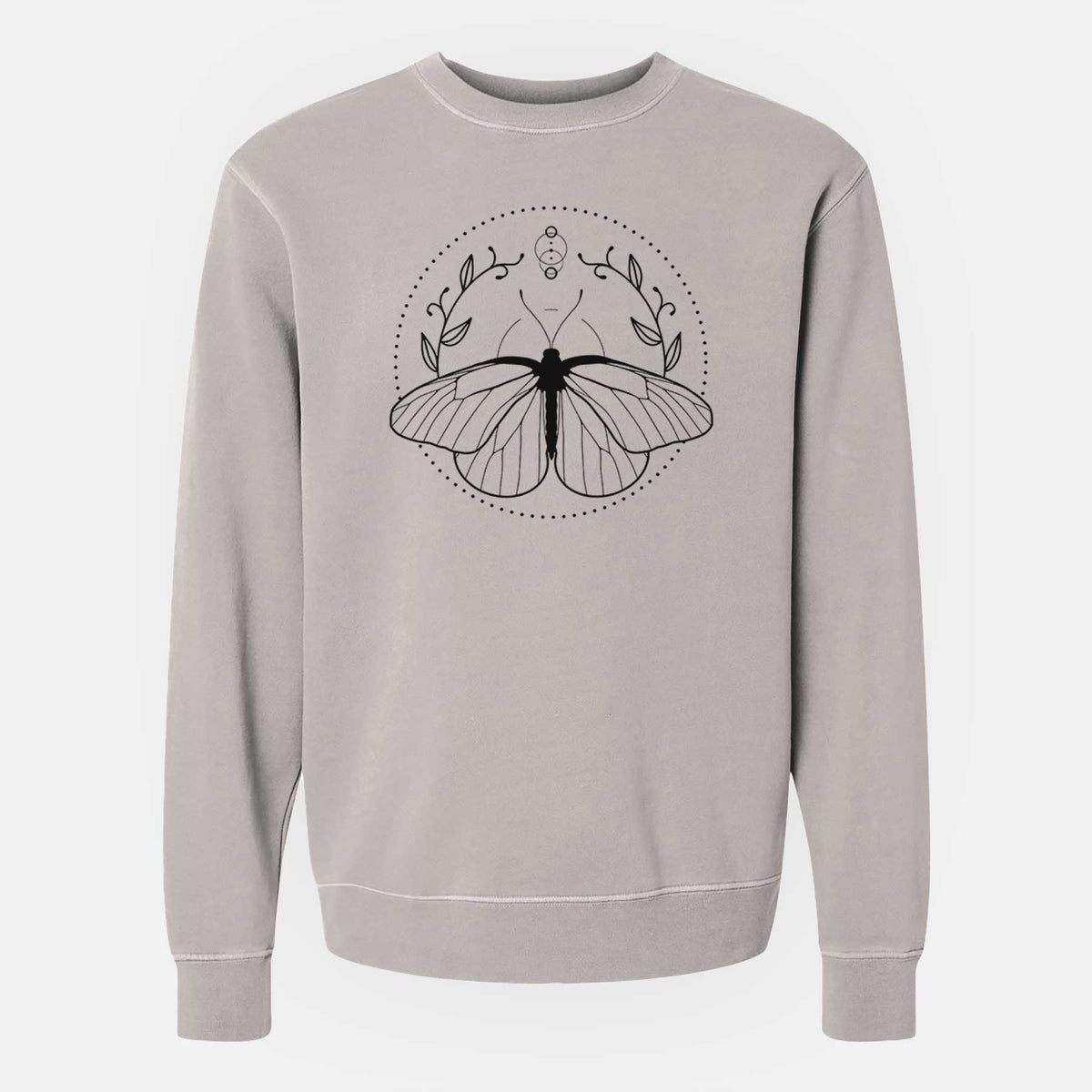 Cement grey pigment dyed crewneck sweatshirt laid flat, printed with a black ink butterfly inside a circle, framed by moon phases and leaves.