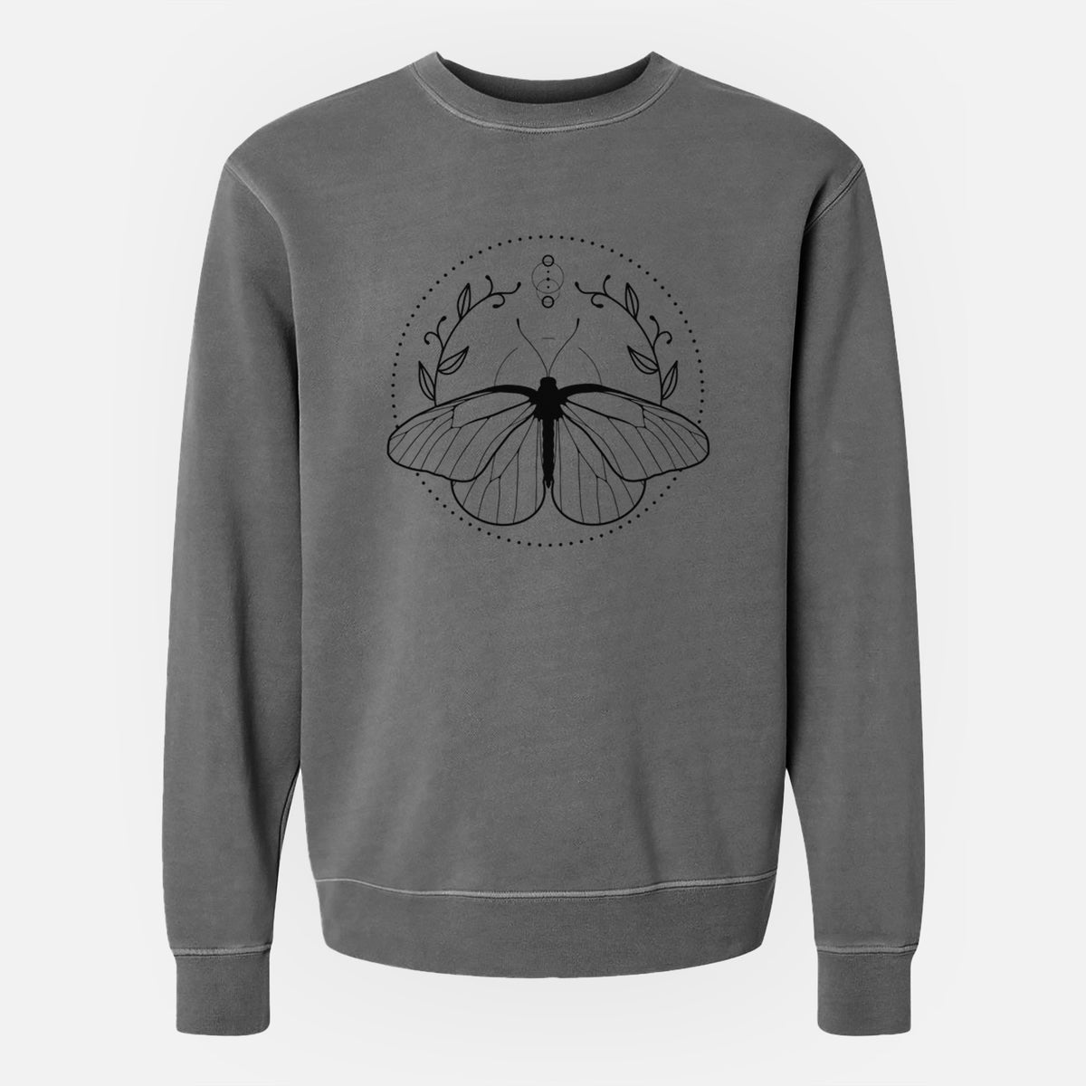 Faded black pigment dyed crewneck sweatshirt laid flat, printed with a black ink butterfly inside a circle, framed by moon phases and leaves.