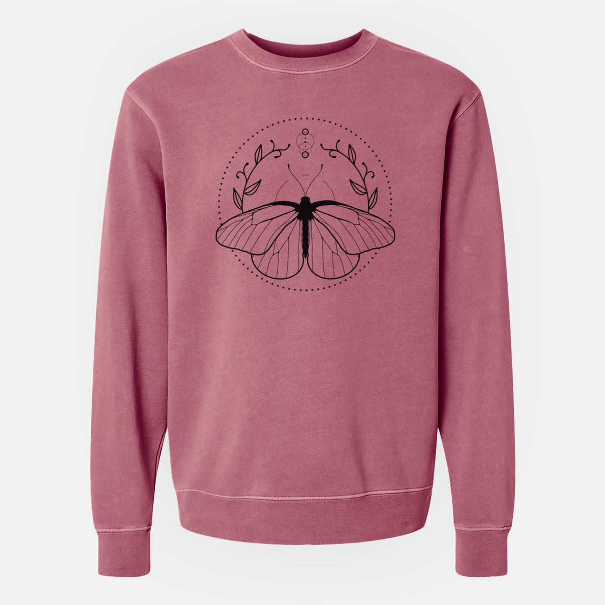 Maroon pigment dyed crewneck sweatshirt laid flat, printed with a black ink butterfly inside a circle, framed by moon phases and leaves.