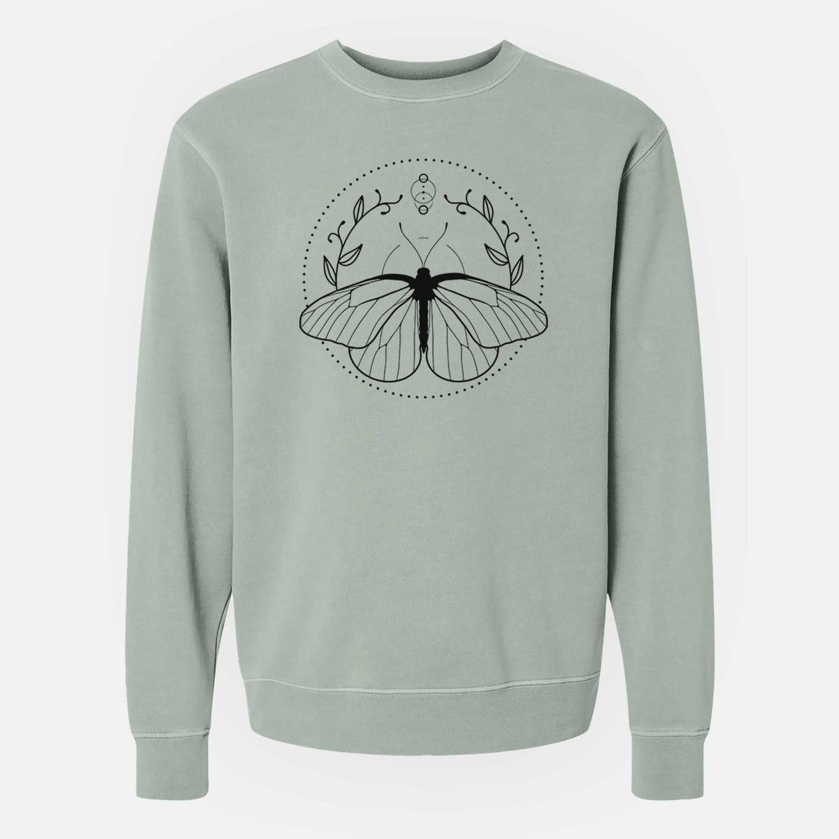 Sage green pigment dyed crewneck sweatshirt laid flat, printed with a black ink butterfly inside a circle, framed by moon phases and leaves.