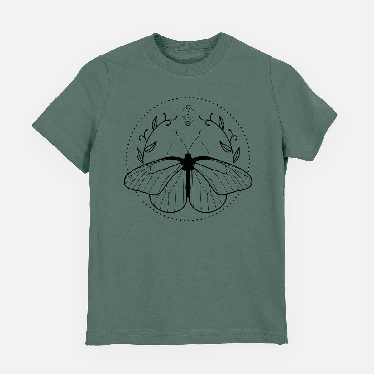 Basil green youth t-shirt laid flat, printed with a black ink butterfly inside a circle, framed by moon phases and leaves.