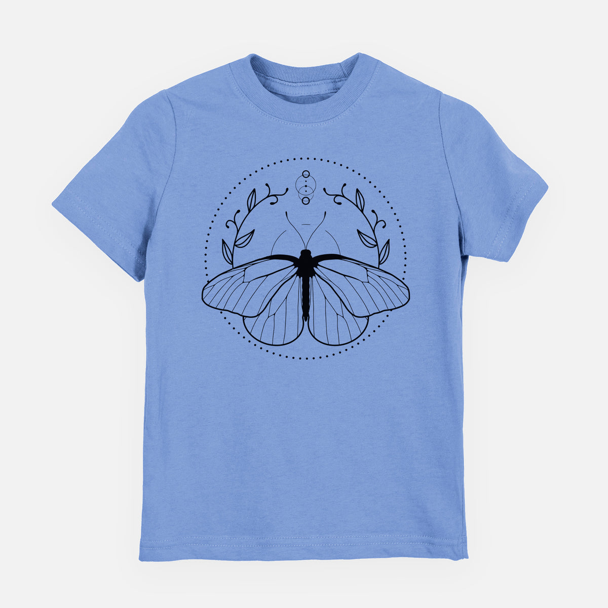 Carolina blue youth t-shirt laid flat, printed with a black ink butterfly inside a circle, framed by moon phases and leaves.