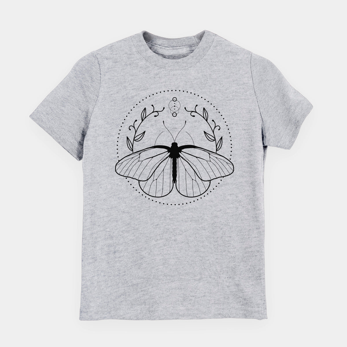 Heather grey youth t-shirt laid flat, printed with a black ink butterfly inside a circle, framed by moon phases and leaves.