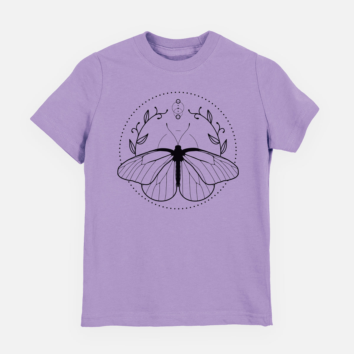 Lavender youth t-shirt laid flat, printed with a black ink butterfly inside a circle, framed by moon phases and leaves.