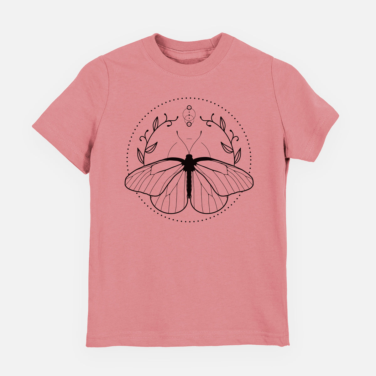 Mauve pink youth t-shirt laid flat, printed with a black ink butterfly inside a circle, framed by moon phases and leaves.