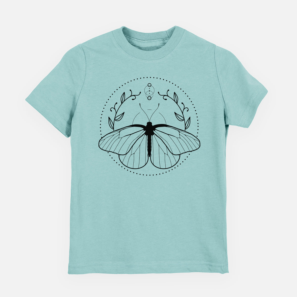 Saltwater youth t-shirt laid flat, printed with a black ink butterfly inside a circle, framed by moon phases and leaves.