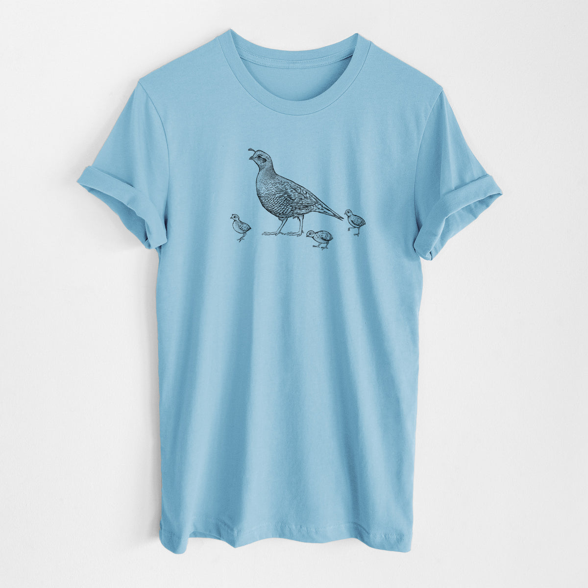 Ocean blue lightweight cotton t-shirt laid flat, printed with a black ink illustration of a California quail with its chicks.