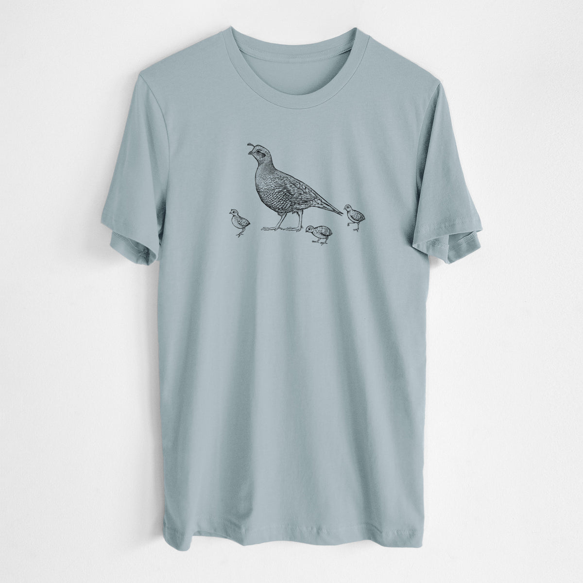 Vintage denim lightweight cotton t-shirt laid flat, printed with a black ink illustration of a California quail with its chicks.