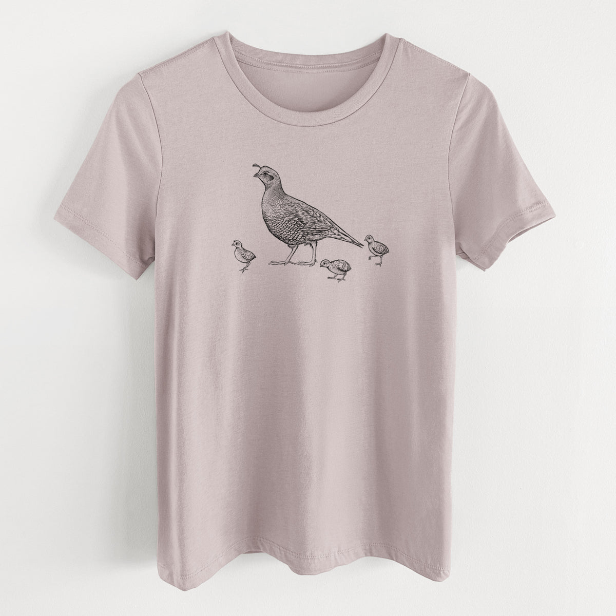Pink gravel women's relaxed fit cotton t-shirt laid flat, printed with a black ink illustration of a California quail with its chicks.