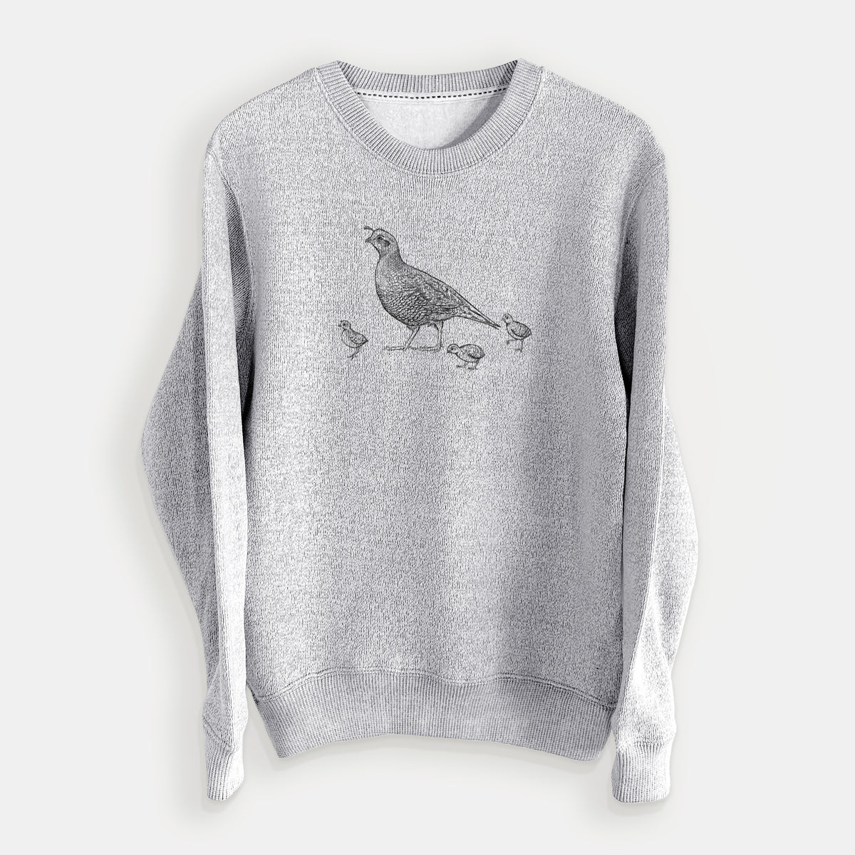Salt and pepper knit sweatshirt laid flat, printed with a black ink illustration of a California quail with its chicks.