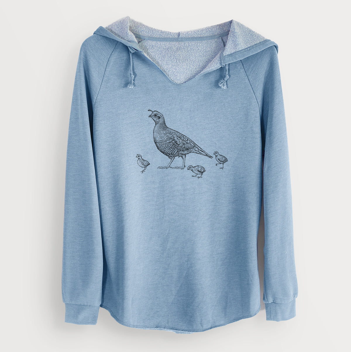 Misty blue women's Cali Wave hooded sweatshirt laid flat, printed with a black ink illustration of a California quail with its chicks.