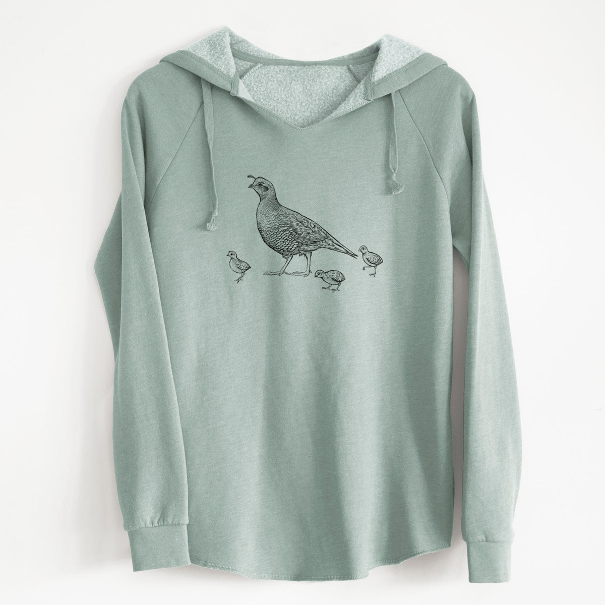 Sage green women's Cali Wave hooded sweatshirt laid flat, printed with a black ink illustration of a California quail with its chicks.
